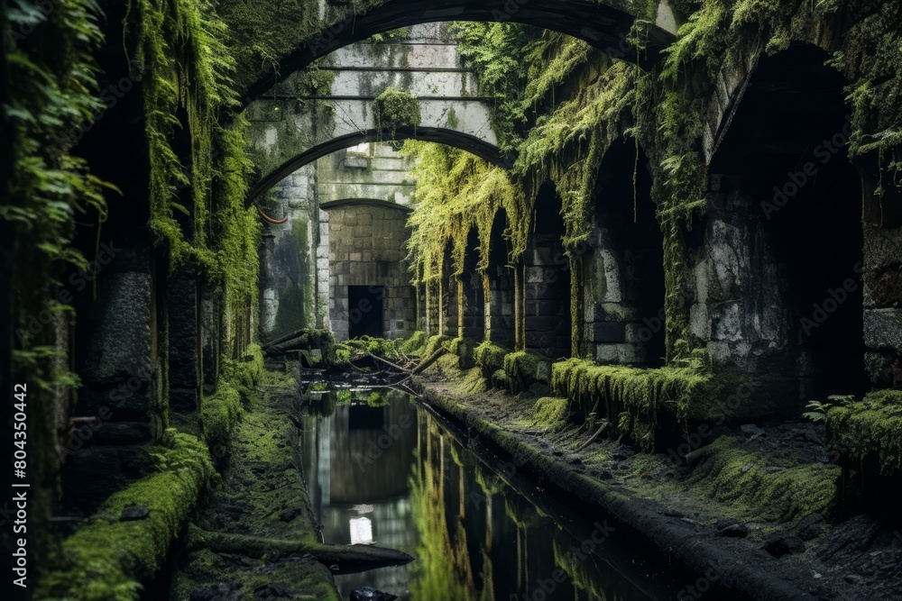 A Haunting Vision of an Abandoned Underground Tunnel, Overgrown with Moss and Illuminated by a Single Flickering Light A Haunting Vision of an Abandoned Underground Tunnel, Overgrown with Moss and Illuminated by a Single Flickering Light