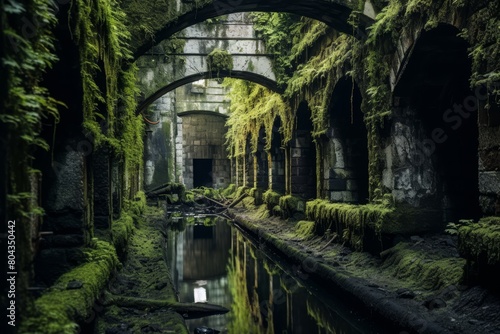 A Haunting Vision of an Abandoned Underground Tunnel, Overgrown with Moss and Illuminated by a Single Flickering Light