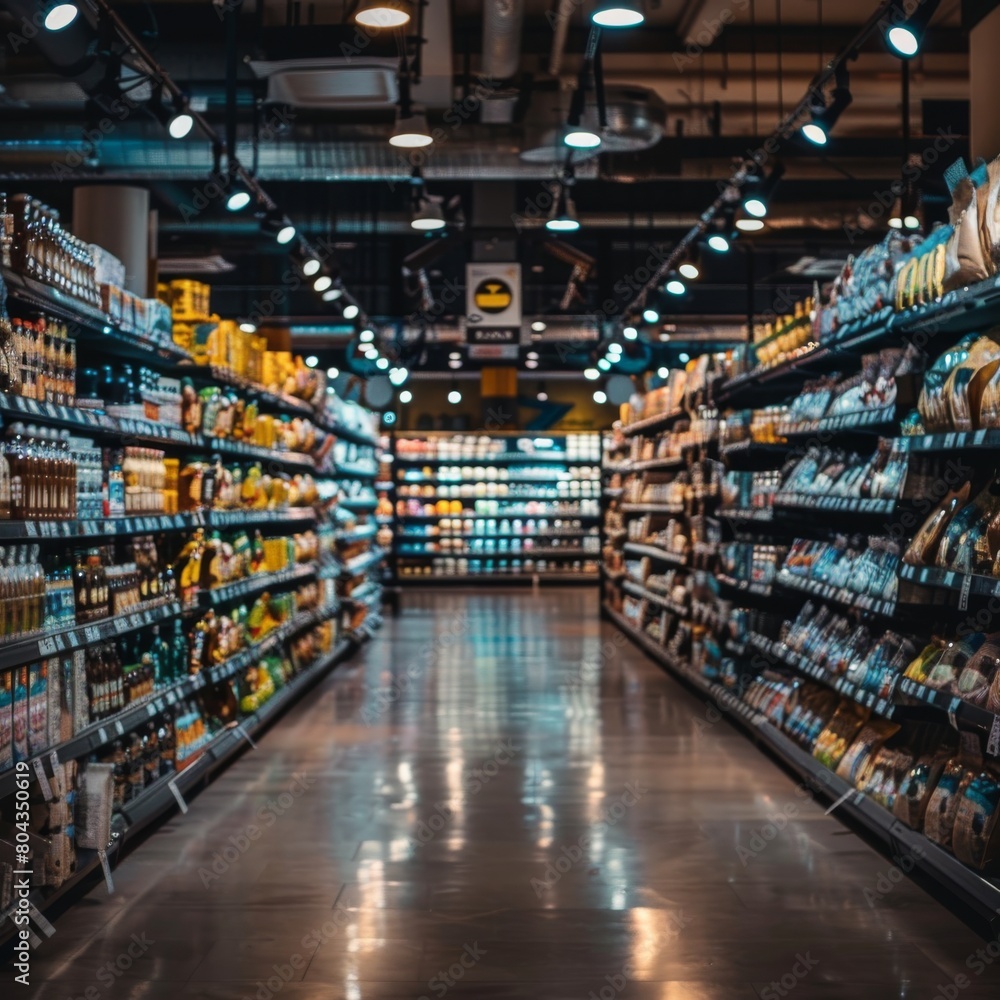 An empty grocery store with bright lights and colorful shelves