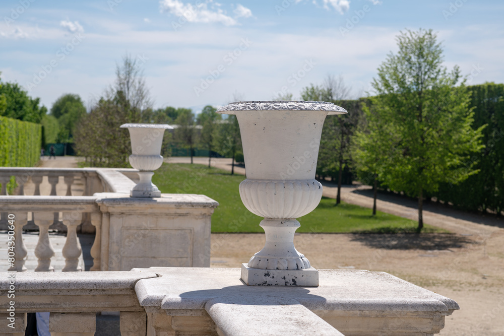 Obraz premium detail of a regal park, with architectural elements and baroque decoration, for very scenic perspective views. elegant chalice vase with Italian garden background. Venaria, Turin, italy