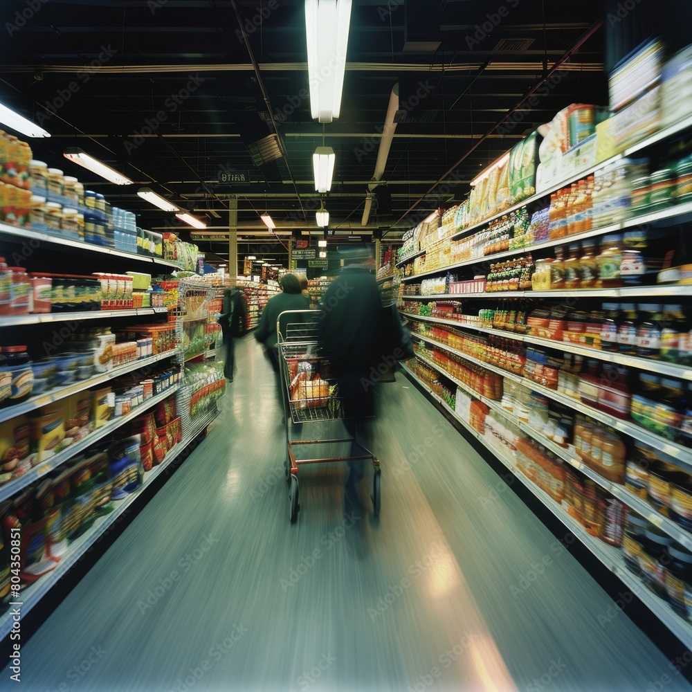 A grocery store with a motion blur effect