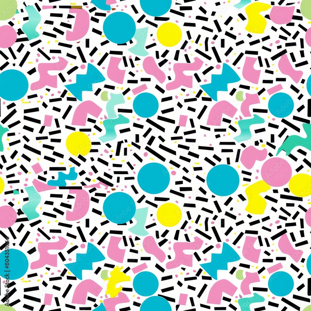 Obraz premium A seamless pattern of Memphis style geometric shapes.