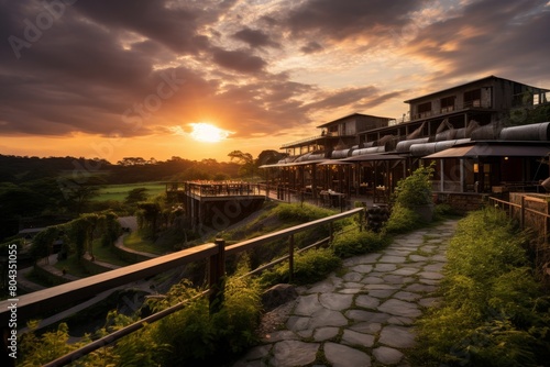 A scenic view of a traditional hilltop brewery, nestled amidst lush greenery with a backdrop of a dramatic sunset sky
