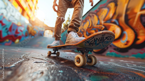 The thrill and urban culture of skateboarding captured in a low angle view against a colorful graffiti wall background.