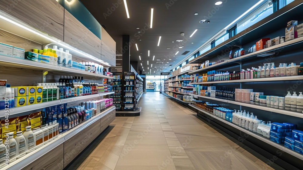 The interior of a modern pharmacy, with shelves of various pharmaceutical products.