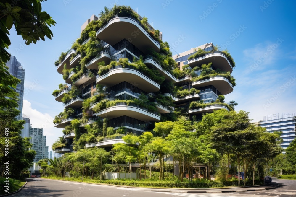 A Staggered High-Rise Building with Sky Gardens, Featuring a Unique Architectural Design and Lush Greenery Against a Clear Blue Sky