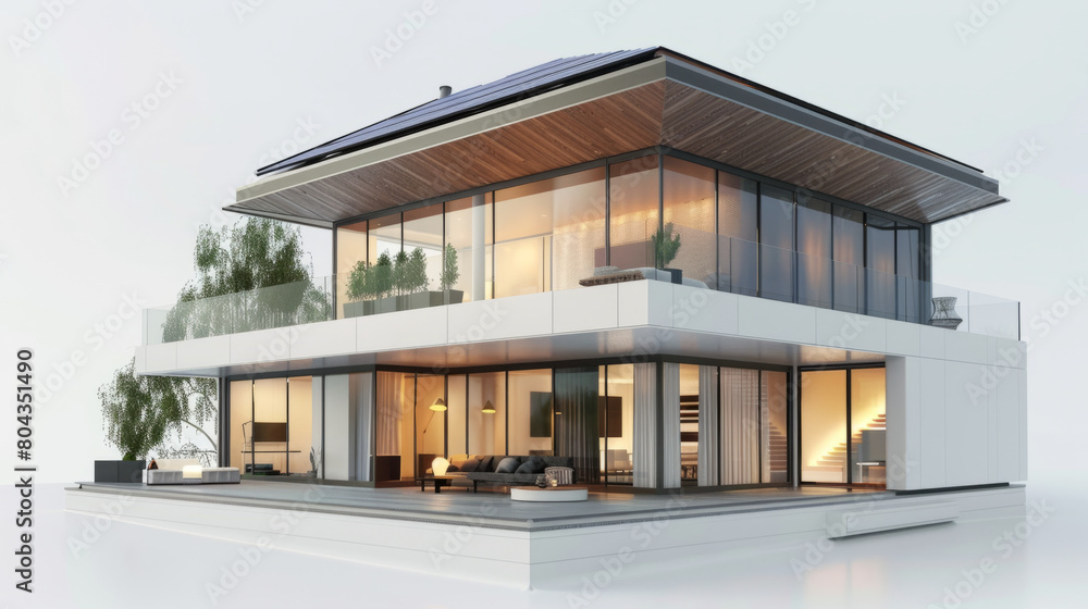 Fototapeta premium 3D model of modern house with solar panels on white background