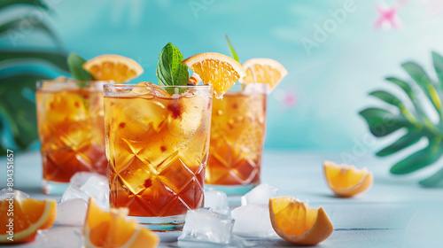 Glasses of fresh mai tai cocktail on light background