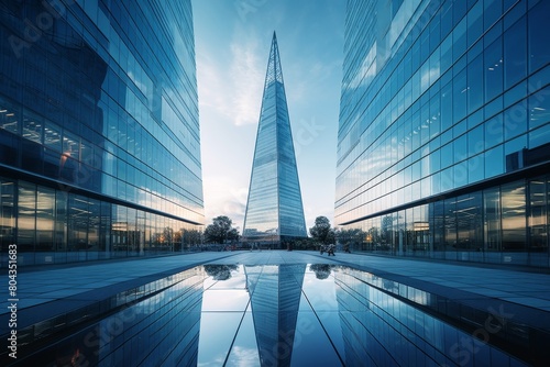 Modern Steel-Framed Tower Rising High into the Sky with a Full Glass Facade Reflecting the Surrounding Cityscape