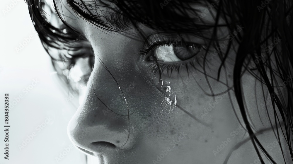 Closeup of a Banshees mournful face, tears visible, set against a clean, soft white background Closeup of a Banshees mournful face, tears visible, set against a clean, soft white background