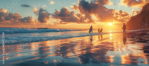 beach at sunrise with surfe...