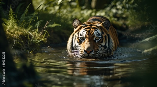 A tiger slowly moving in water for prey - Survival of the fittest Concept
