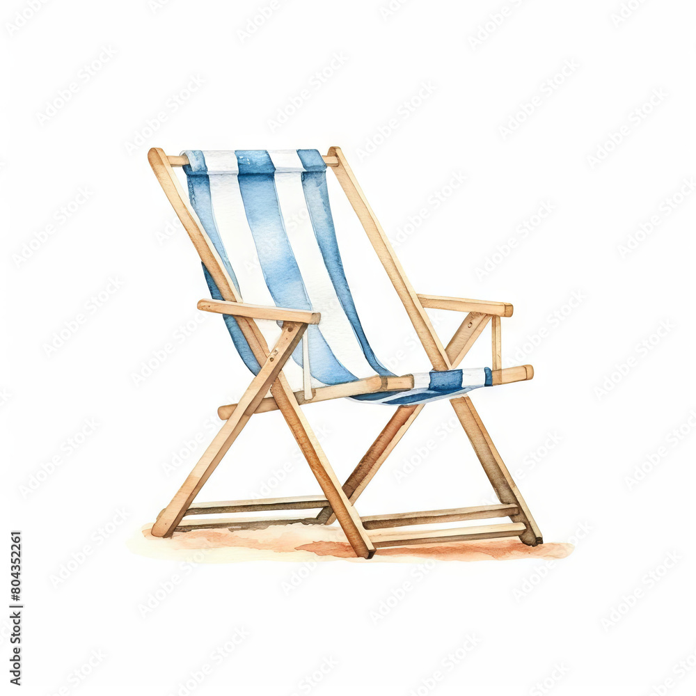 A watercolor painting of a beach chair. The chair is made of wood and has a blue and white striped canvas seat and back. The chair is sitting on the sand.
