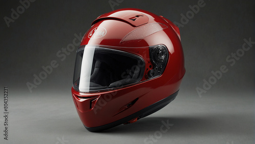 A red motorcycle helmet is sitting on a grey surface against a grey background.