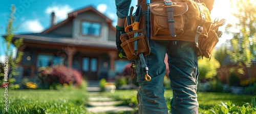 Home service technician with a tool belt in front of a house photo