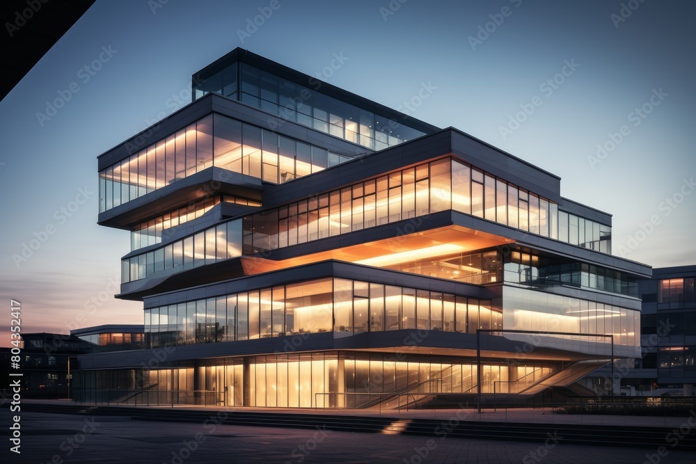 Fototapeta premium A Modern Layered Horizontal Commercial Building with Wide Terraces, Illuminated by the Setting Sun