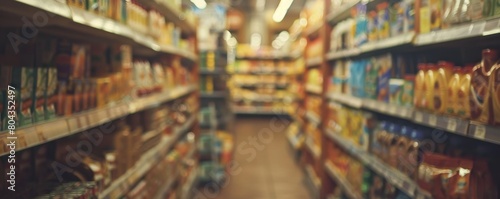 Blurry grocery store aisle with shelves full of products