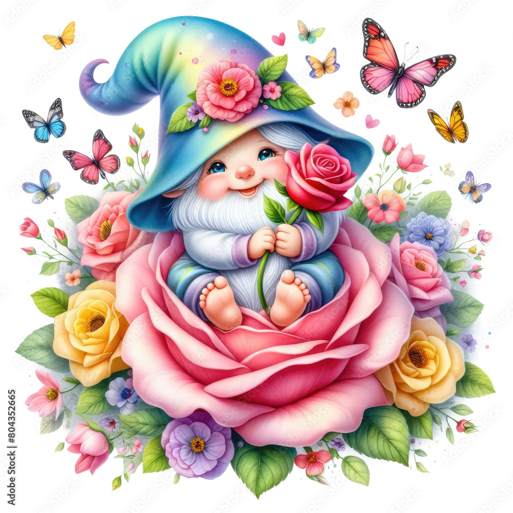 Cute Gnome Rose Sublimation Clipart