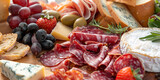 Close-up photo of a gourmet charcuterie board featuring a variety of cured meats, artisan cheeses, and gourmet accompaniments, arranged with artistic flair.