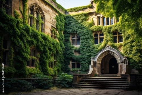 A picturesque view of an old university campus building, adorned with lush green ivy climbing up its ancient stone walls