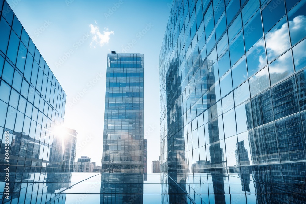A Modern Silver Sleek Office Building Reflecting the Blue Sky and Surrounding Cityscape on a Sunny Day A Modern Silver Sleek Office Building Reflecting the Blue Sky and Surrounding Cityscape on a Sunny Day