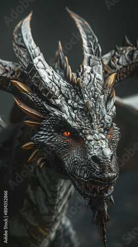 Closeup of a Wyverns fierce gaze, detailed scales and horns, set against a stark, dark grey background