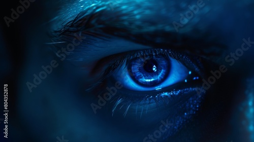Closeup of Bauks eyes glowing in the dark, intense and mysterious, set against a deep, uncluttered navy background