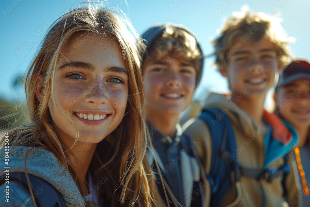 Close-up of three youths smiling brightly against a natural backdrop, representing friendship Close-up of three youths smiling brightly against a natural backdrop, representing friendship