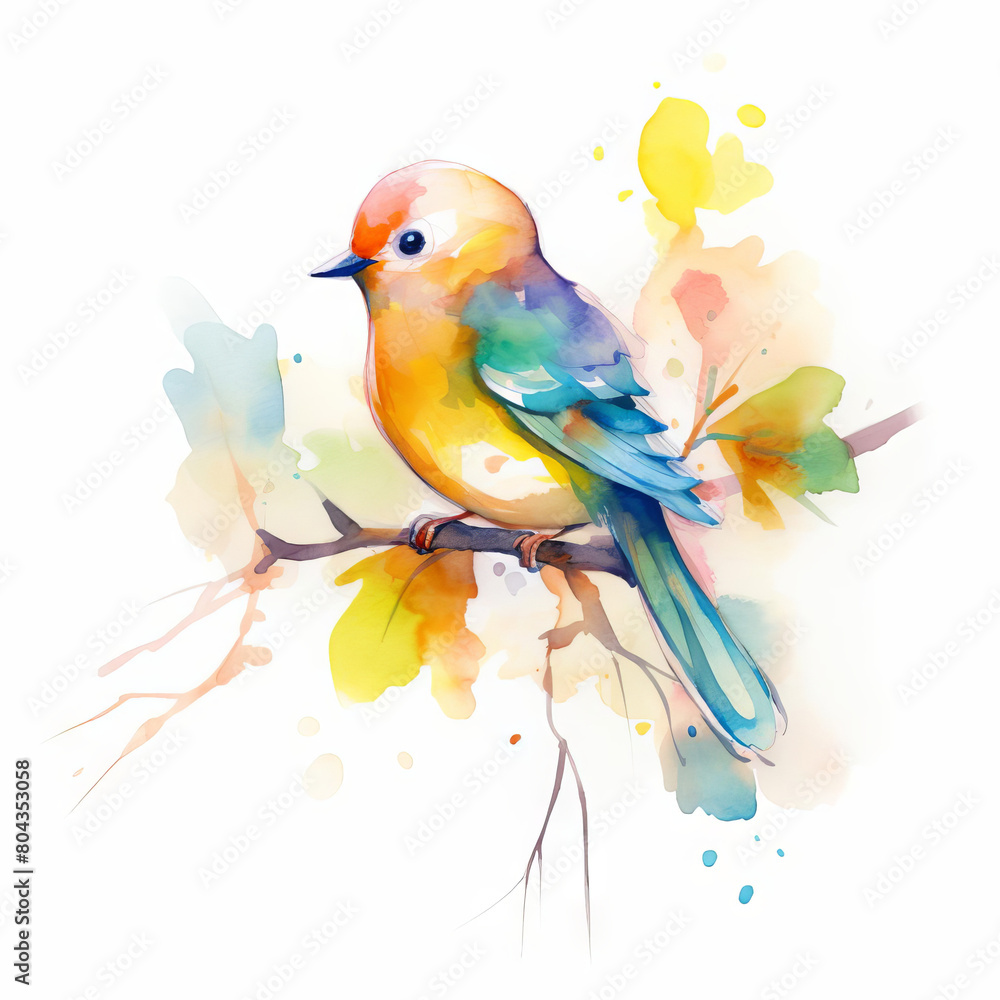 A beautiful watercolor painting of a colorful bird sitting on a branch. The bird has bright yellow, orange, and blue feathers. The background is a wash of light blue and yellow.