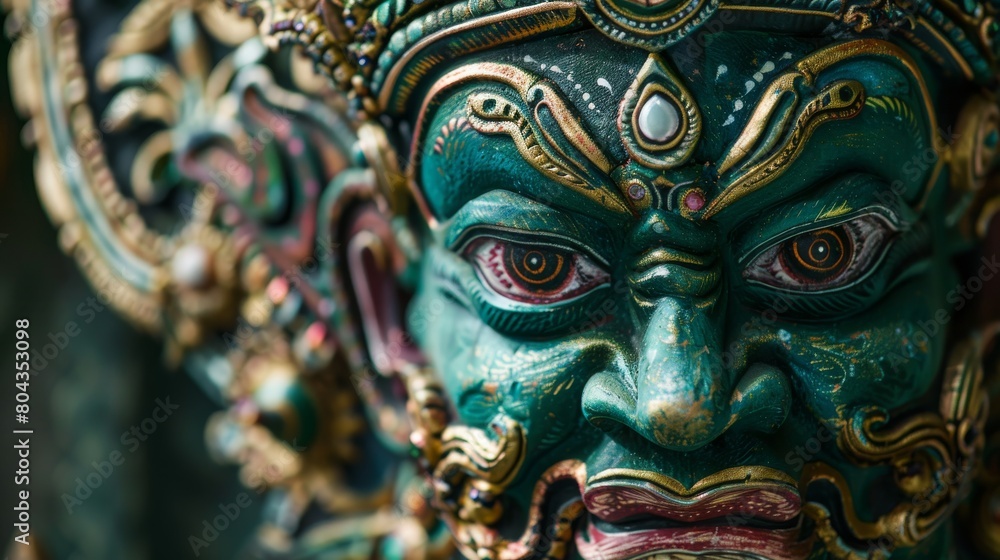 Closeup of Nagas face, hypnotic eyes and ornate headgear, set against a clean, deep green background