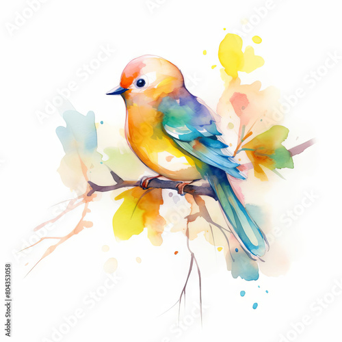 A beautiful watercolor painting of a colorful bird sitting on a branch. The bird has bright yellow, orange, and blue feathers. The background is a wash of light blue and yellow.