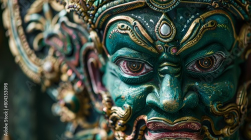 Closeup of Nagas face, hypnotic eyes and ornate headgear, set against a clean, deep green background © kitidach