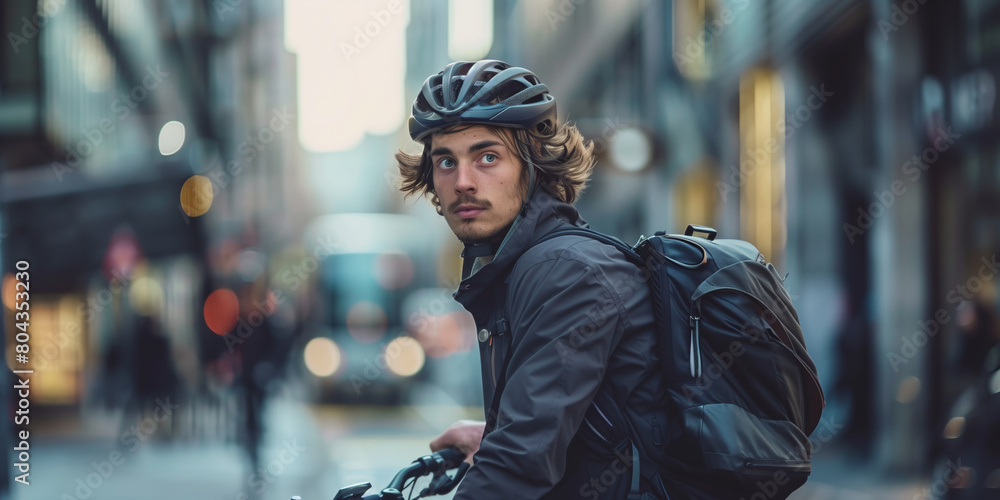 Young cyclist standing by his bicycle in the city, with the streets energy captured in their wind-swept hair and the satisfied exhaustion on their face.