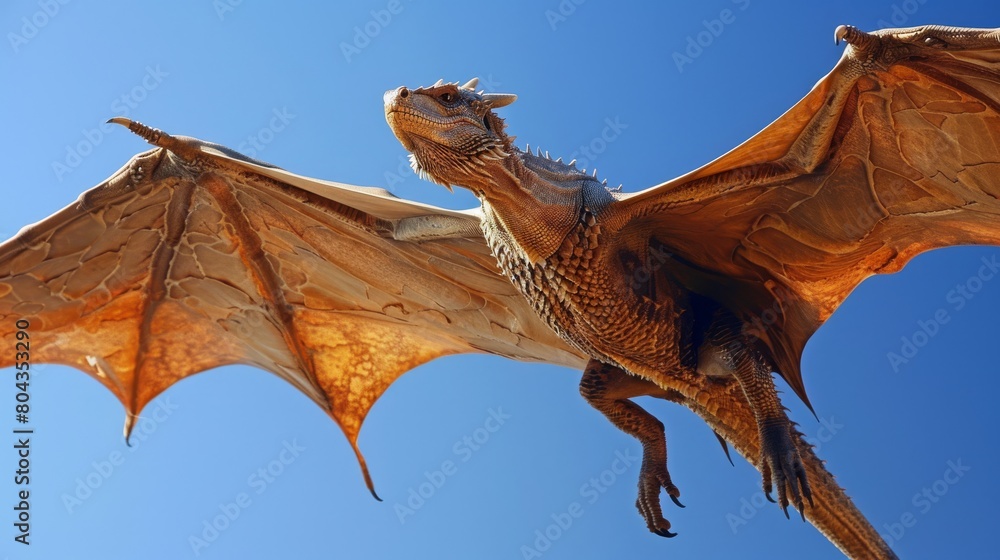 Fototapeta premium Dragon in flight under a clear blue sky, detailed scales and wings fully extended, symbolizing freedom and power