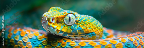 Close-up Shot of Green-yellow Venomous Snake: A Study in Vivid Detail and Intense Colors photo