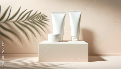 Cosmetic tubes on a pedestal with a plant shadow  modern style on a neutral background  concept of branding identity. Generative AI