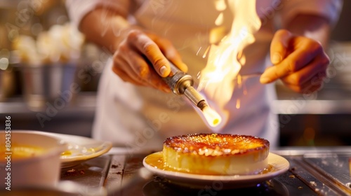 An instructor demonstrating the proper way to use a blowtorch to caramelize the top of a crÃ¨me brÃ»lÃ©e in a dessertmaking class. photo