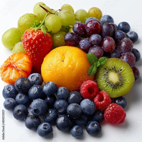 An assortment of fruits including strawberries  blueberries  grapes  kiwi  orange and raspberries.