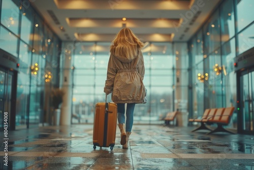 A solitary woman seen from behind walks down a modern airport hallway, rolling a yellow suitcase photo