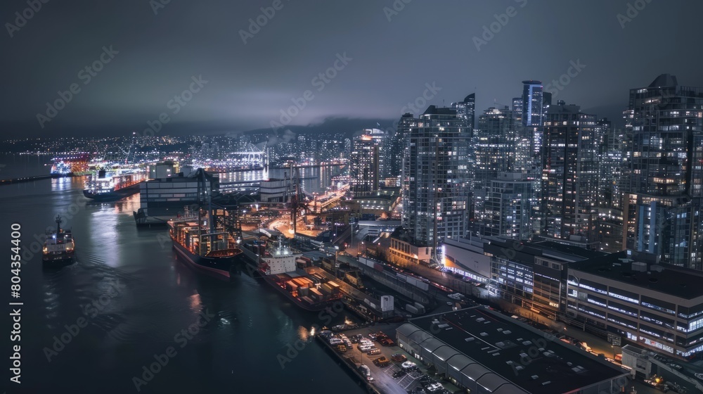 The dynamic skyline of a bustling port city at night, with towering skyscrapers illuminated against the darkened sky and the lights of cargo ships twinkling in the harbor below