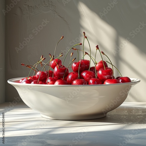 A bowl of red cherries on a white table photo