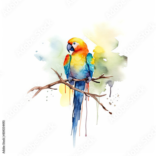 A watercolor painting of a parrot sitting on a branch. The parrot is blue, yellow, and orange with a long tail. The background is white with splashes of yellow and green.