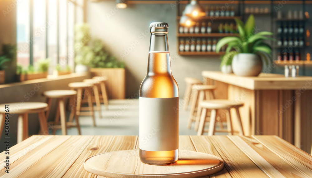 A beer bottle with a blank label on a wooden table in a bar with cozy ambient light, ideal for branding mockup. Generative AI A beer bottle with a blank label on a wooden table in a bar with cozy ambient light, ideal for branding mockup. Generative AI