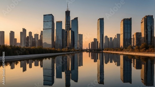 Mirror skyscrapers in the rays of the rising sun.