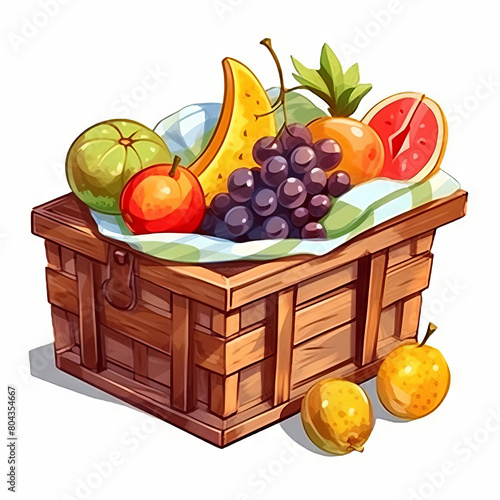 A digital painting of a wooden basket filled with various fruits