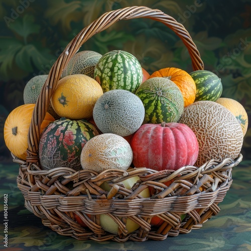 A wicker basket full of different types of melons and gourds.