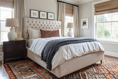 A statement area rug with bold geometric patterns anchoring a bedroom design.