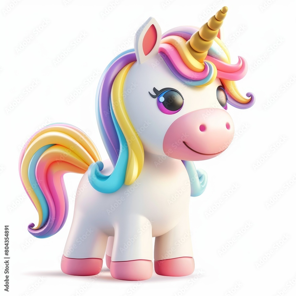 A cute unicorn with a rainbow mane and a pink nose