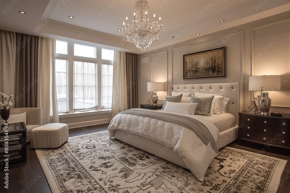 A statement chandelier casting elegant shadows across a sophisticated bedroom.