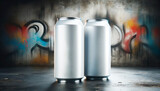 Two blank aluminum cans on a gritty background with colorful graffiti, ideal for product branding mockups. Generative AI